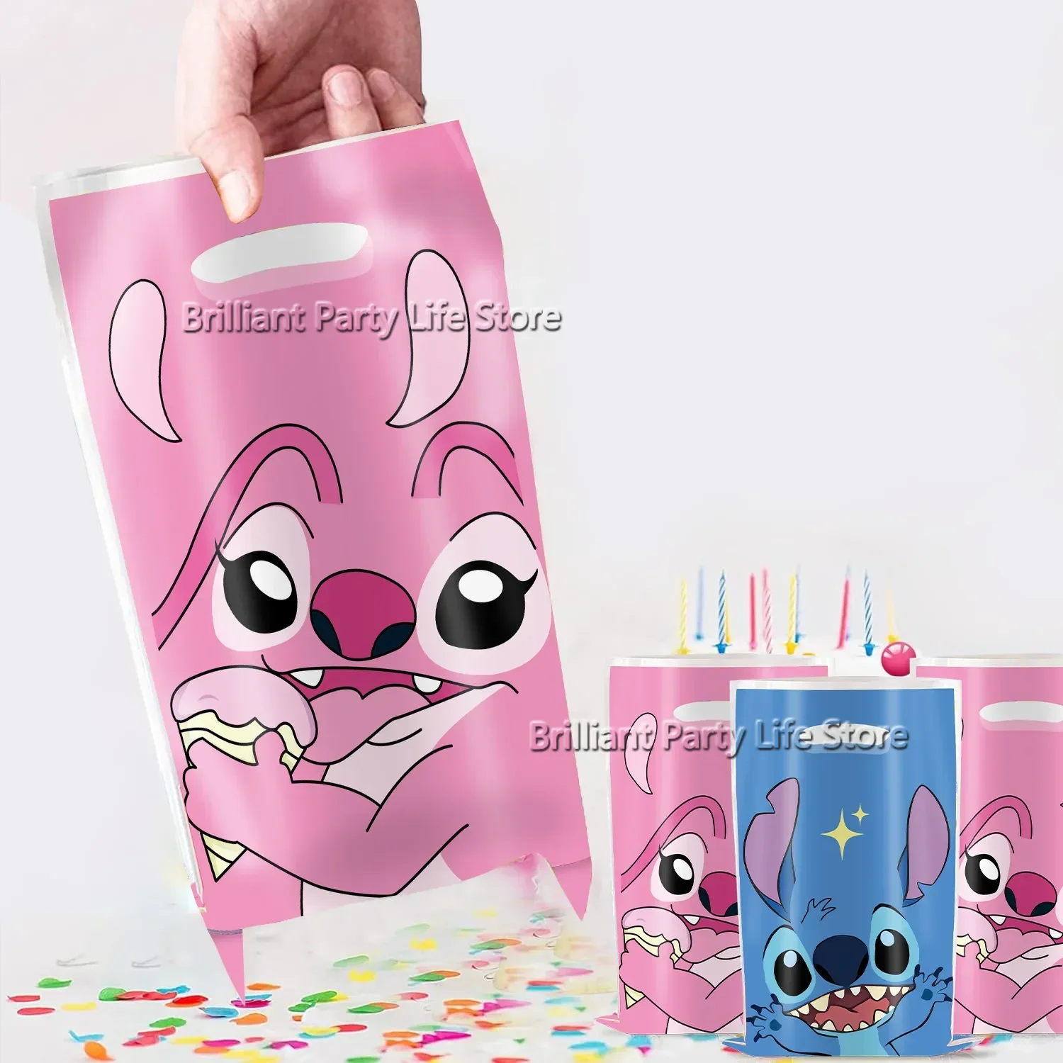 Bolsas de recuerdo de fiesta de Lilo & Stitch de Disney, bolsa de regalo de plástico con puntadas azules y rosas de Ángel para niños, decoraciones