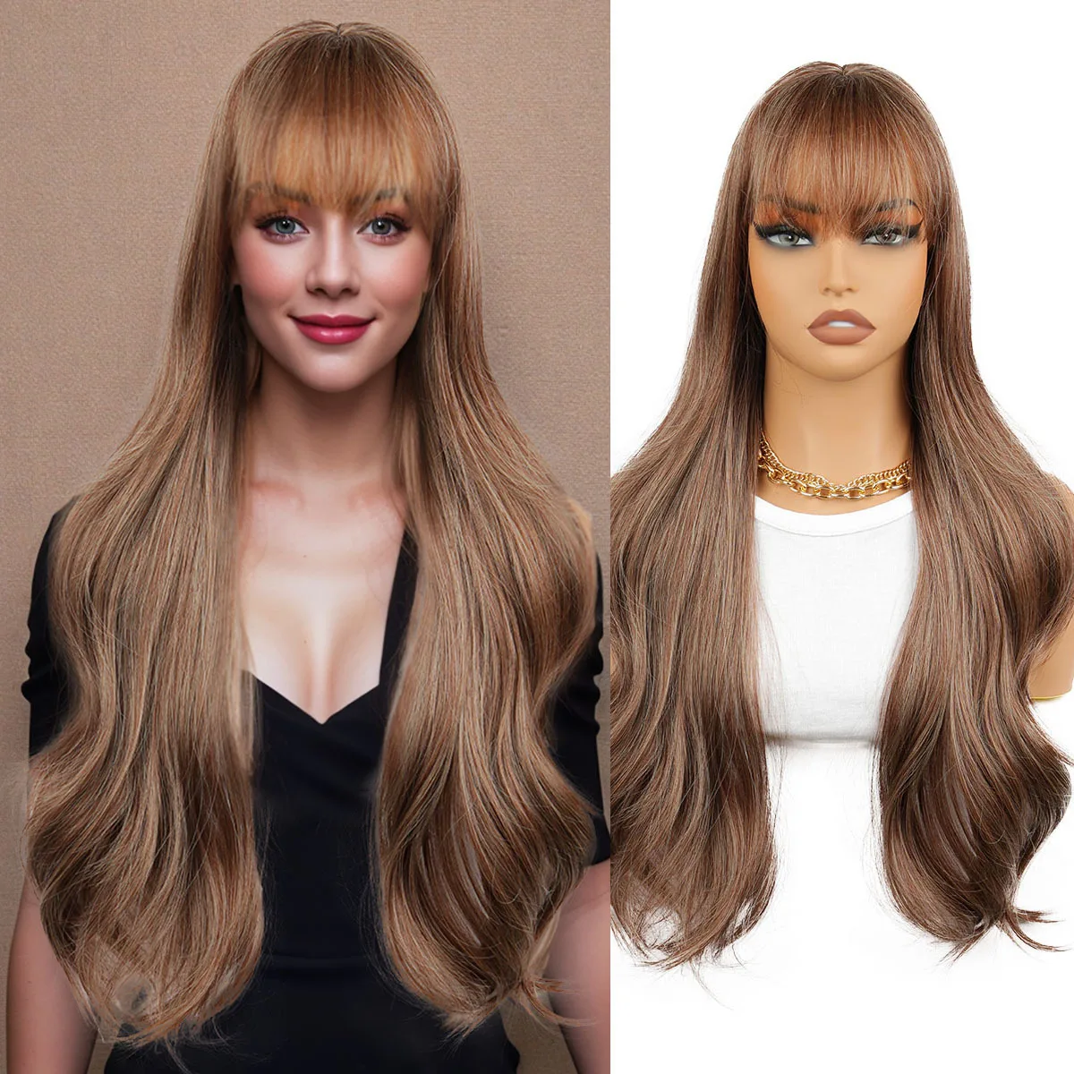

Highlights Qi Bangs Brown Wig Female Long Curly Hair Big Wave Full Headgear Chemical Fiber