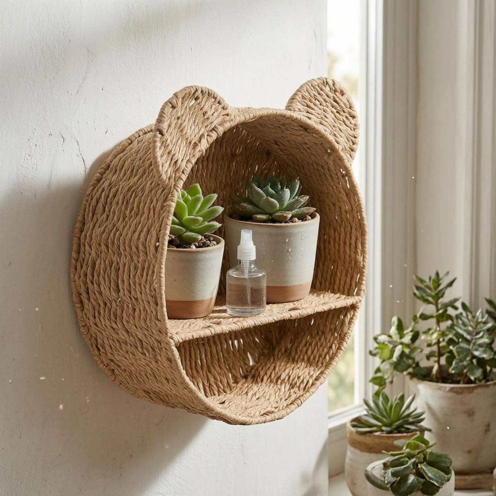 Animal Visage Wall Shelf Handwoven Wicker Bear Basket Round Woven Wall Basket Two-Section Compartment Household Organizer