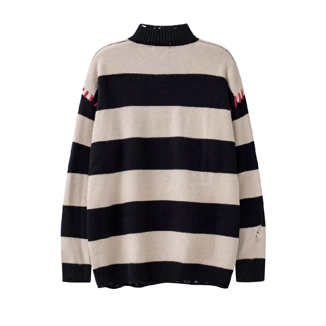 Frayed Neck Ripped Holes Striped Oversized Women\'s Goth Sweaters Pullovers Jacquard Heart Winter Women Clothing Grunge Clothes