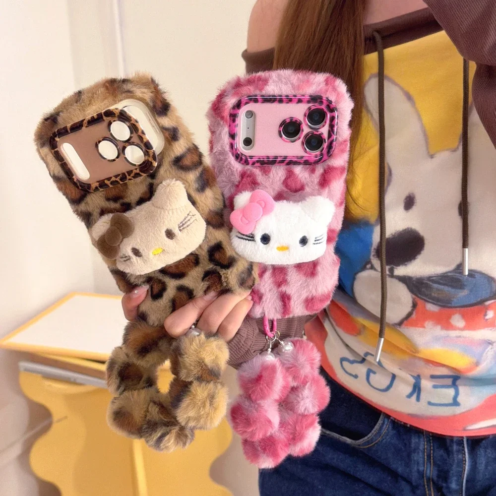 Sanrio Hello Kitty mignon dessin animé imprimé léopard fourrure chaud hiver en peluche coque de téléphone pour iPhone 17 16 15 14 13 12 11 Pro Max couverture