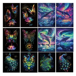 4 Pcs Noctilucent Scratch Rainbow Painting Art Paper,Scratch Painting Creative C Gift,DIY Art Craft Ocean Butterfly and peacock,
