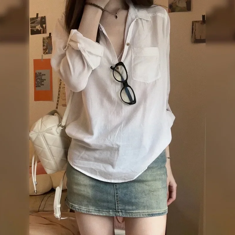 Camisa fina branca francesa de manga comprida feminina com top de temperamento sofisticado