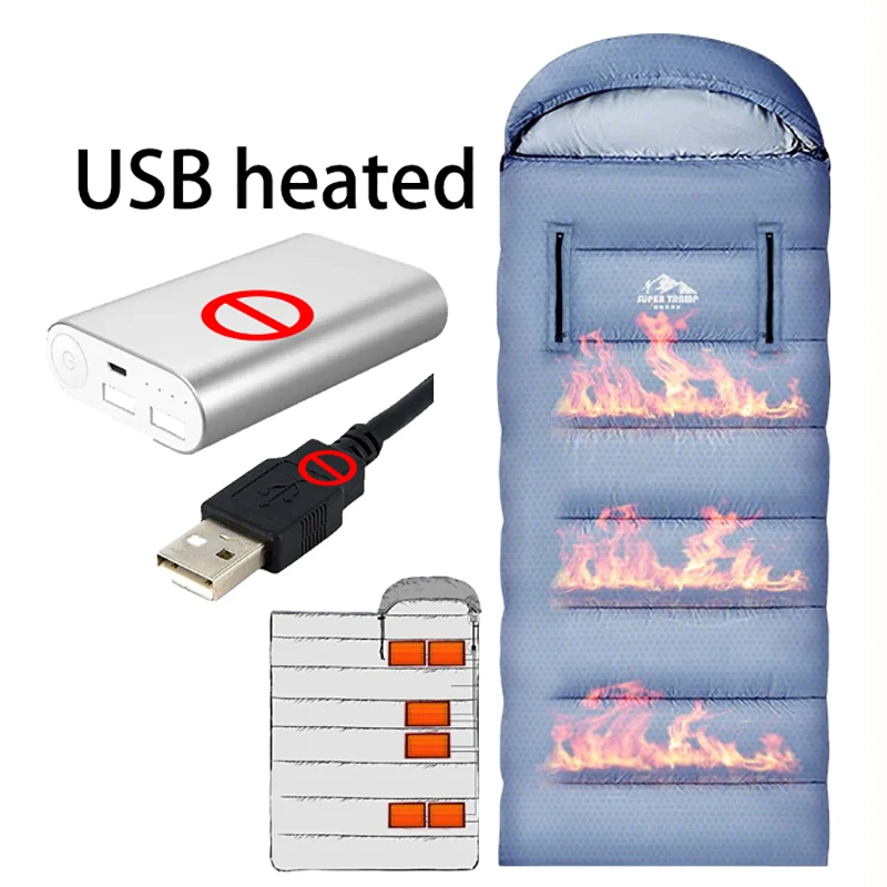 Camping Hiking Sleeping Bag Usb Connection To Power Bank Heating Sleeping Bag Outdoor Survival Camp Gear Waterproof Winter Thick