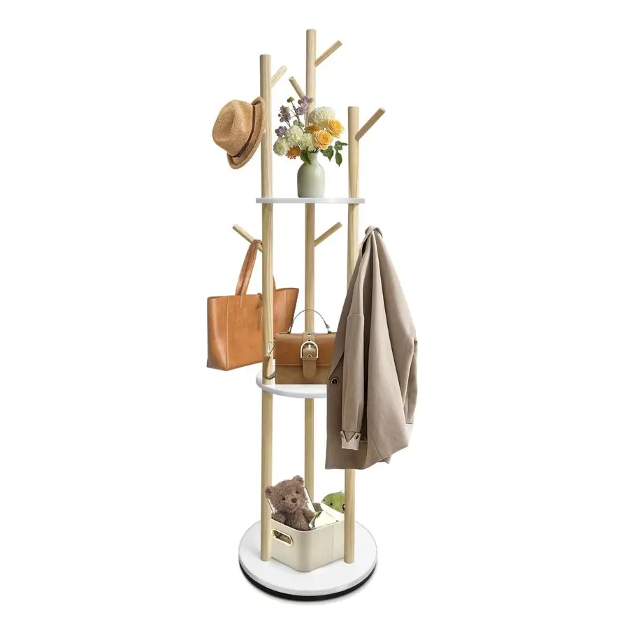 

Rotary Coat Rack Freestanding,Solid Wood Coat Hanger Stand with 3 Shelves and 9 Hooks,Sturdy and Easy to Assemble Coat Hall Tre