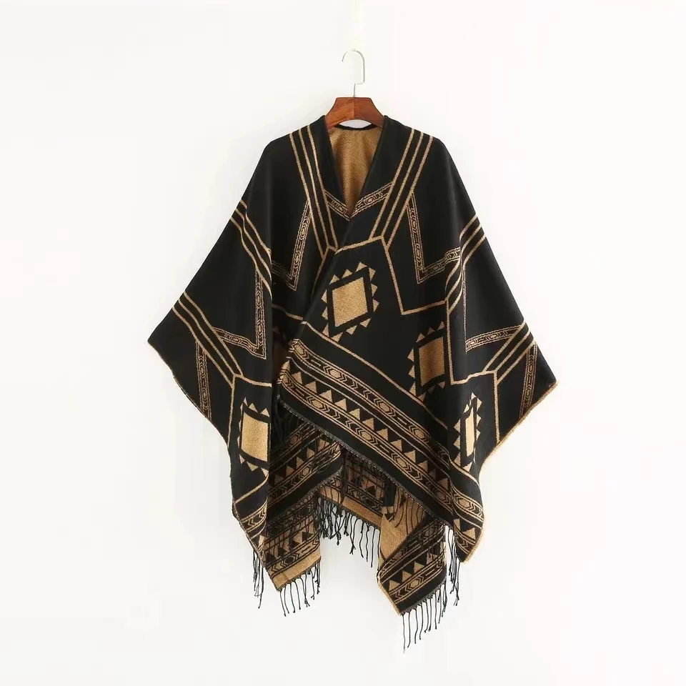 2024 New Indian Nepalese Style Geometric Tassel Split Women Shawl Warm Air Conditioning Room Lady Cloak Poncho Capes Black Khaki