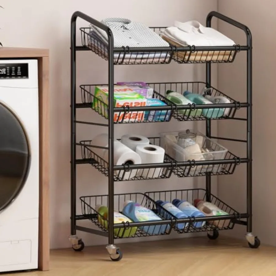 

Fruit Basket Storage Cart with 8 Baskets and Wheels Rolling Metal Kitchen Organizer for Fruits Vegetables Snacks and Pantry Spa