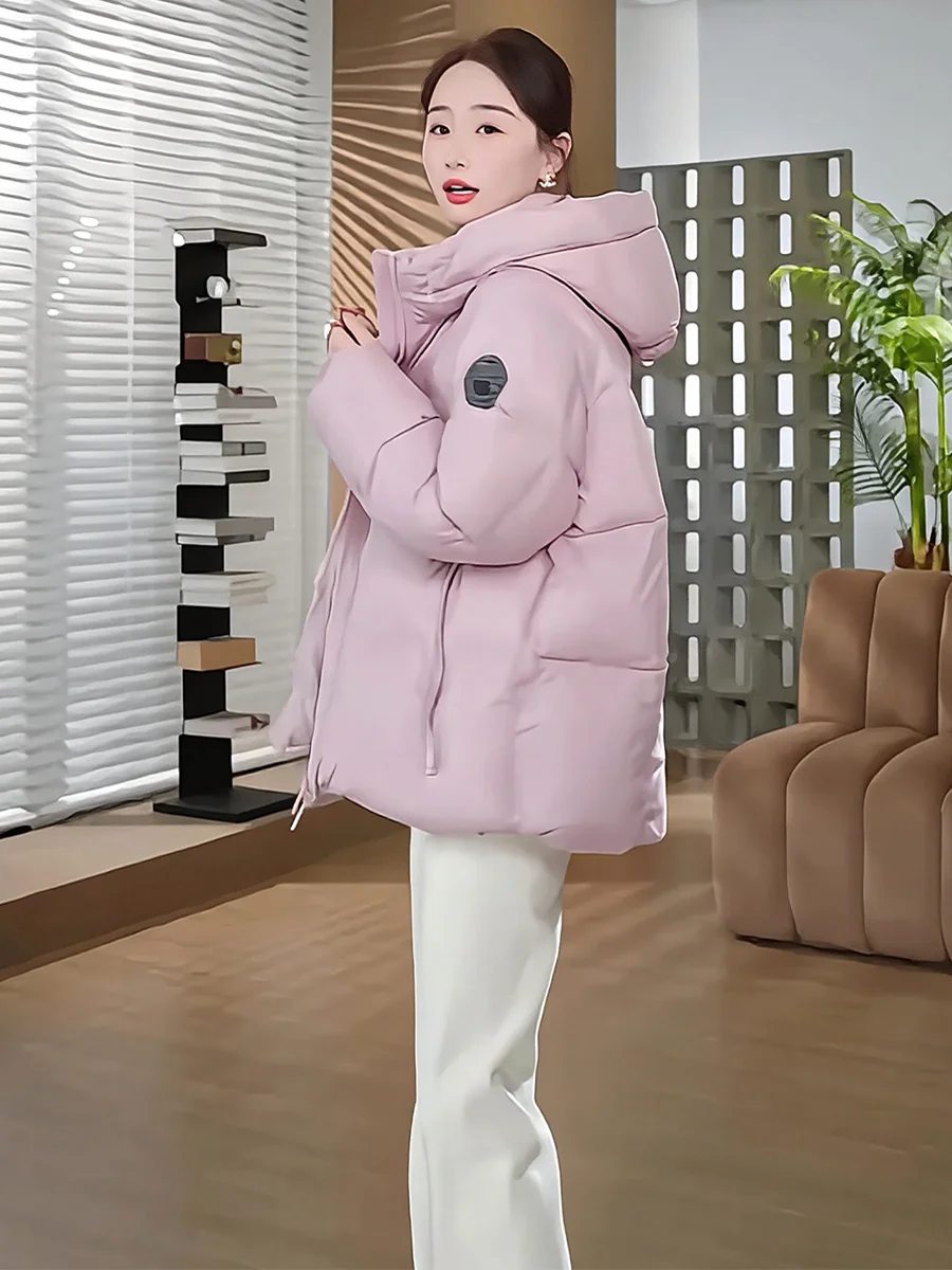 

Розовый пуховик Jaet, женское зимнее теплое свободное пуховое пальто с воротником-стойкой средней длины, повседневное модное Thiened