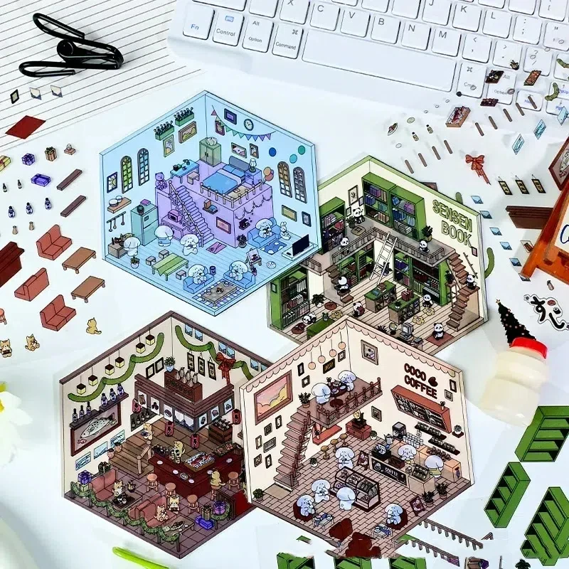 3D Cartoon Kawaii Miniatur Szene Landschaftsbau Aufkleber Visuelle Stapeln Dreidimensionale Aufkleber Weihnachtsgeschenk Für Kinder
