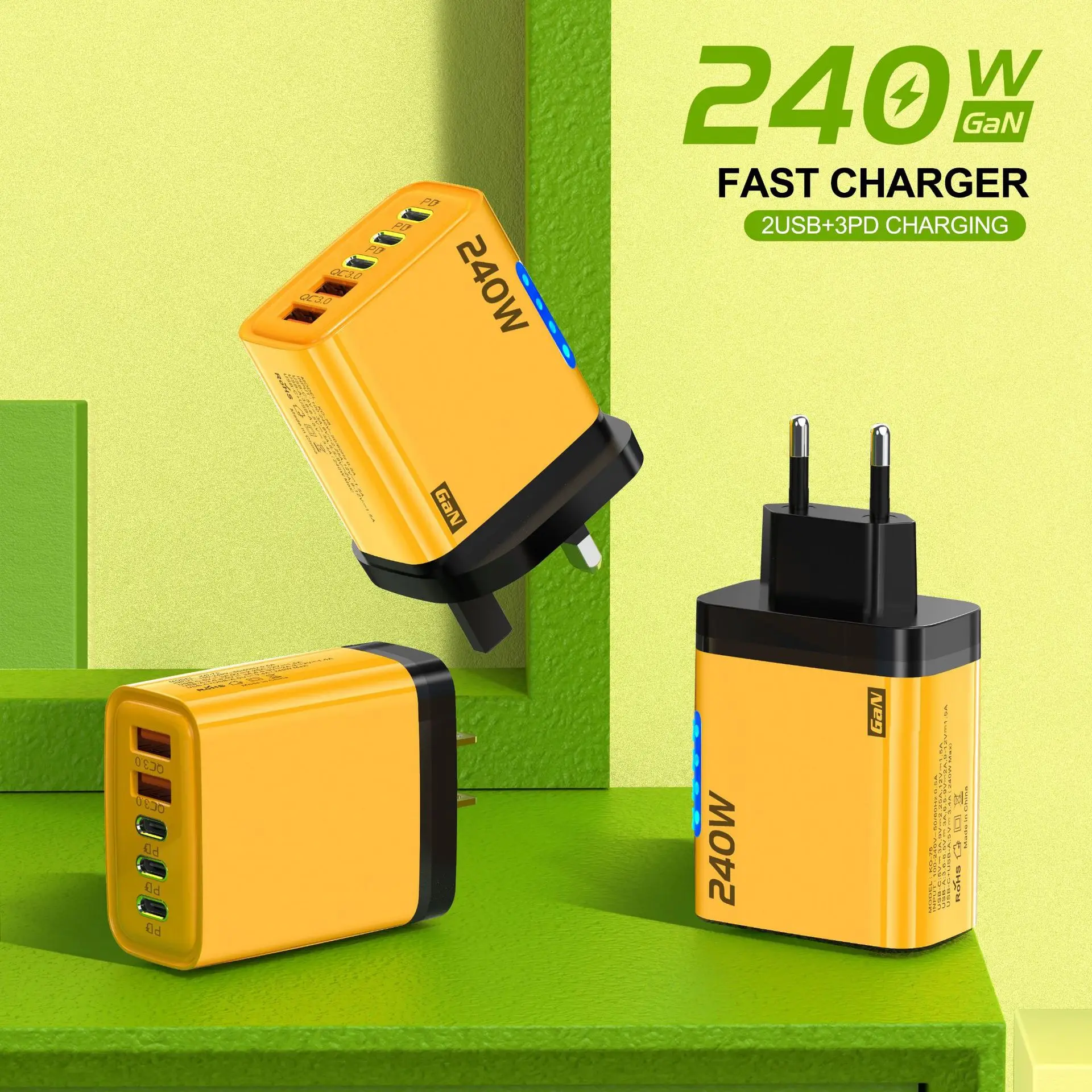 5 في 1 GaN شاحن سطح المكتب 240 واط محول الشحن السريع 10A USB إلى TypeC كابل 3PD 2 SB شاحن آيفون 16 15pro محمول سامسونج