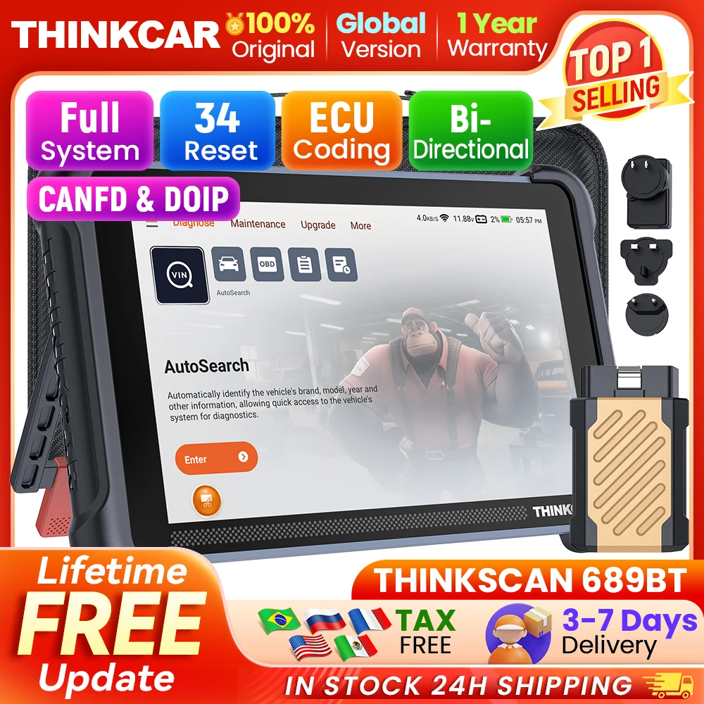 

THINKCAR THINKSCAN 689BT Car Diagnostic Tool CANFD DOIP Bi-directional ECU Coding 34 Reset Life Free Obd2 Scanner Key Programing