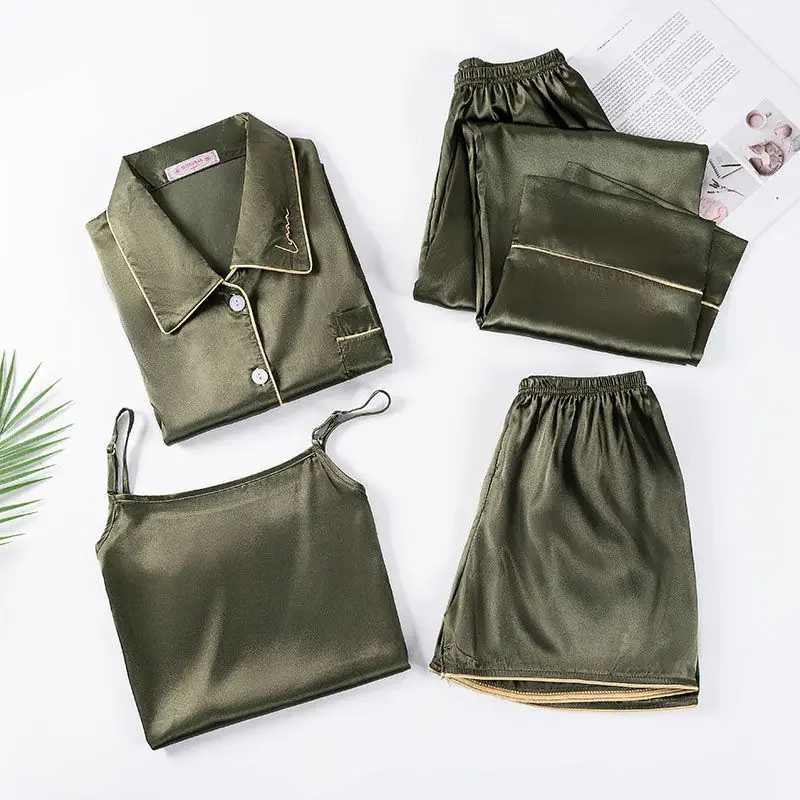 4 Pieces Pajamas Set for Women Sexy Lingerie Satin Sleepwear Silk Shorts Set Spring Summer Lapel Shirts Long Pants Pajamas Robe
