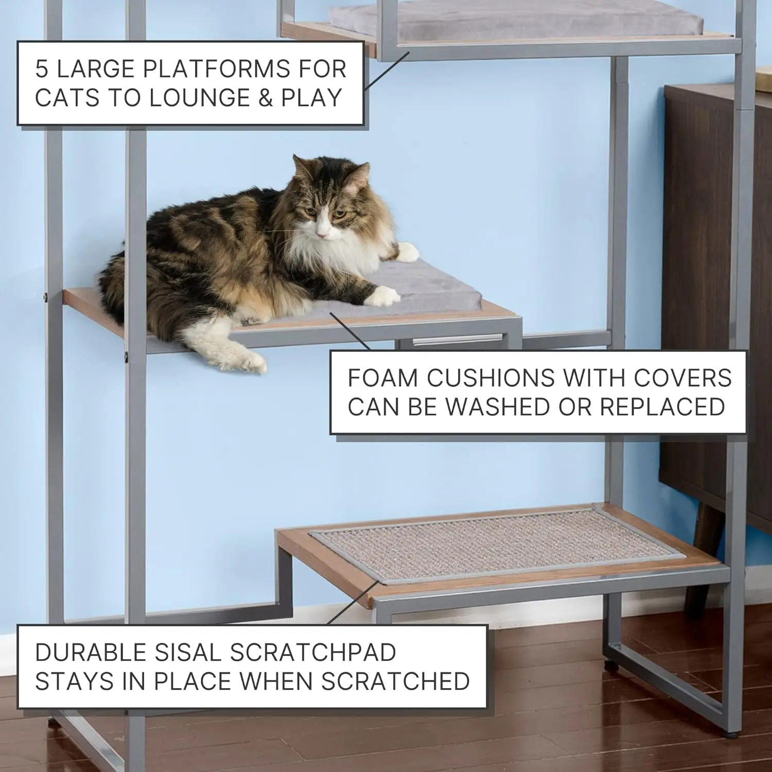 62 Inch Tall Metropolitan Cat Condo, Gray Metal Frame Cat Tower, Multi-Level Modern Cat Tree For Indoor