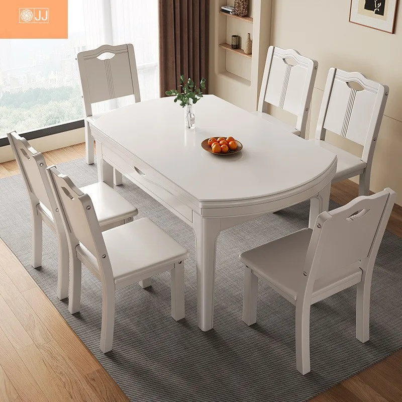 Cream rock slab dining table, chairs and dining table combination telescopic square and round dual-purpose modern solid wood sim