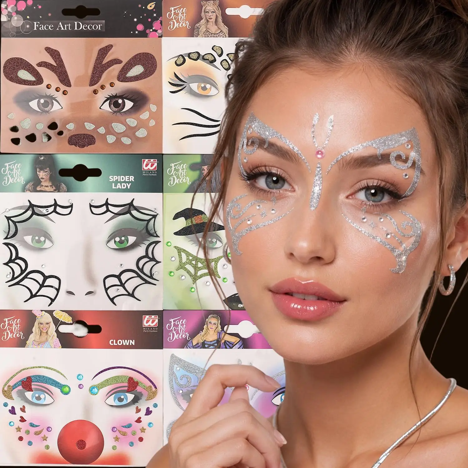 Cartoon Glitter Rhinestone Face Stickers Clown Cat Leopard Butterfly Face Art Decor Makeup Stickers Cosplay Costumes Party Gifts