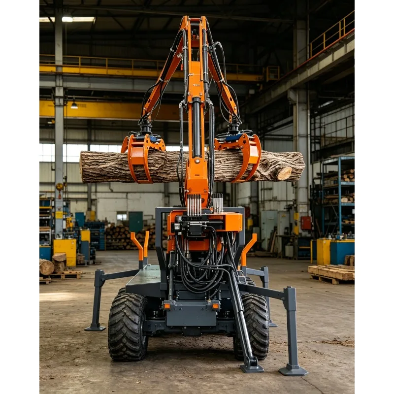 Self-Loading Log Trailer with Crane Grapple | Hydraulic Winch Timber Transport Trailer | High Efficiency Forestry Wood Handling