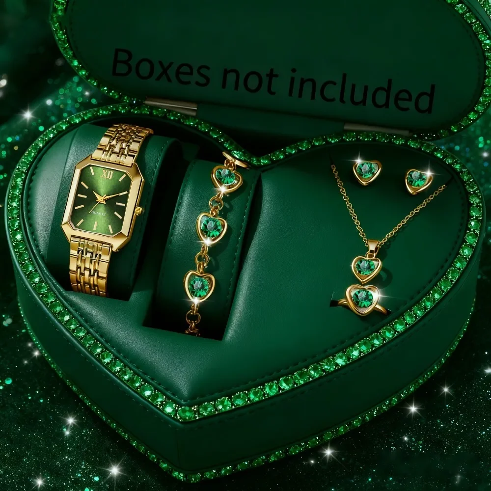4Pcs Women Gold Watch Set Green Dial Square Quartz Wristwatch Heart Rhinestone Bracelet Necklace Earring Ladies Jewelry Set