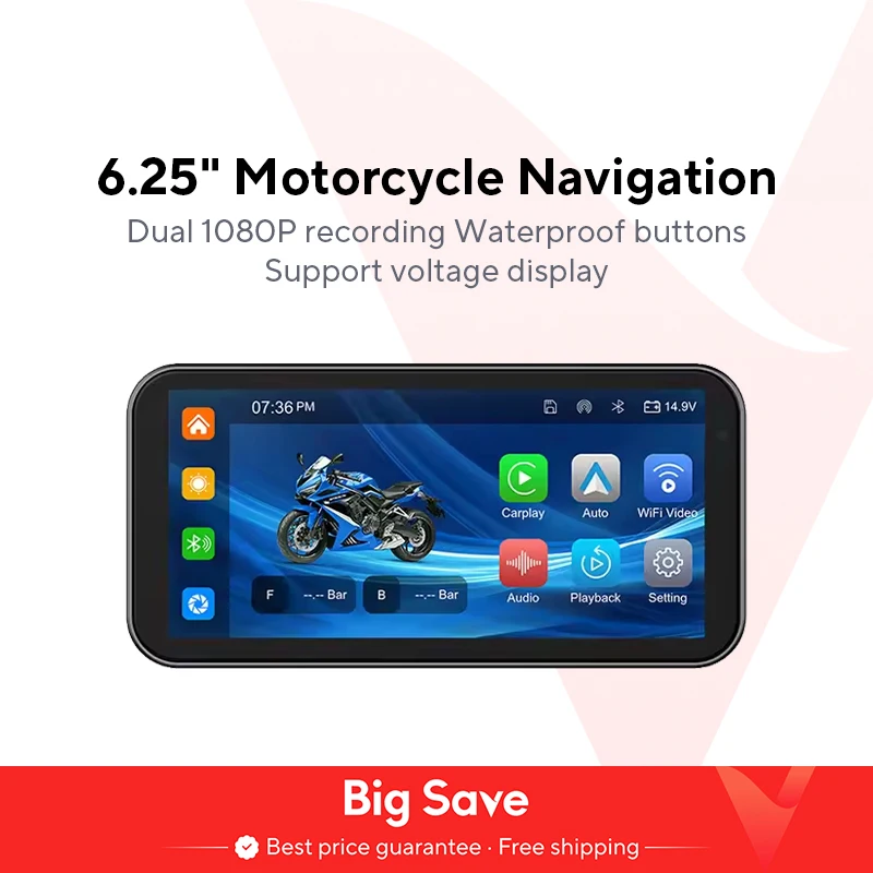 Portatile da 6,25 pollici IP67 Impermeabile Moto Navigazione GPS Wireless Carplay Android Auto DVR Drive Registratore Moto Monitor WIFI