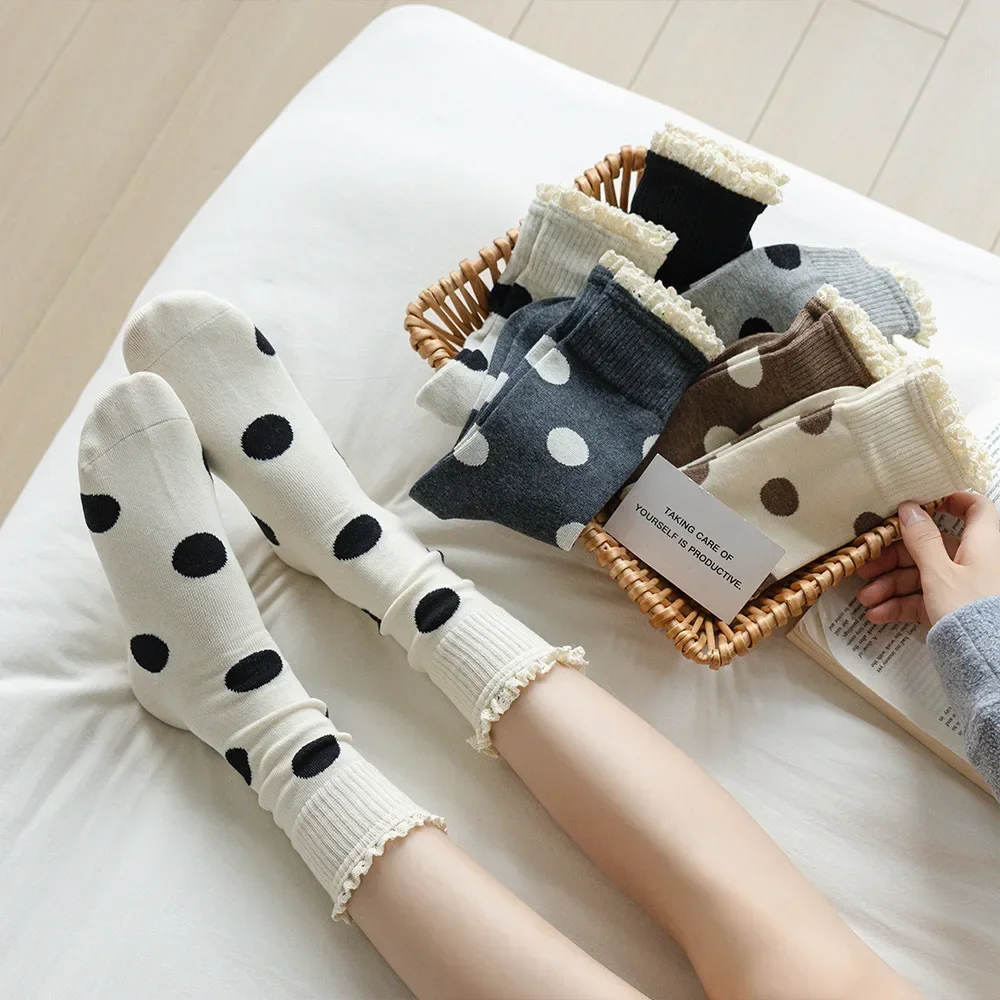 Polka Dot Ruffle Socks Women Girls Lolita Retro Streetwear Middle Tube Socks Japanese Fashion Sweet Girls Kawaii Cute Long Socks