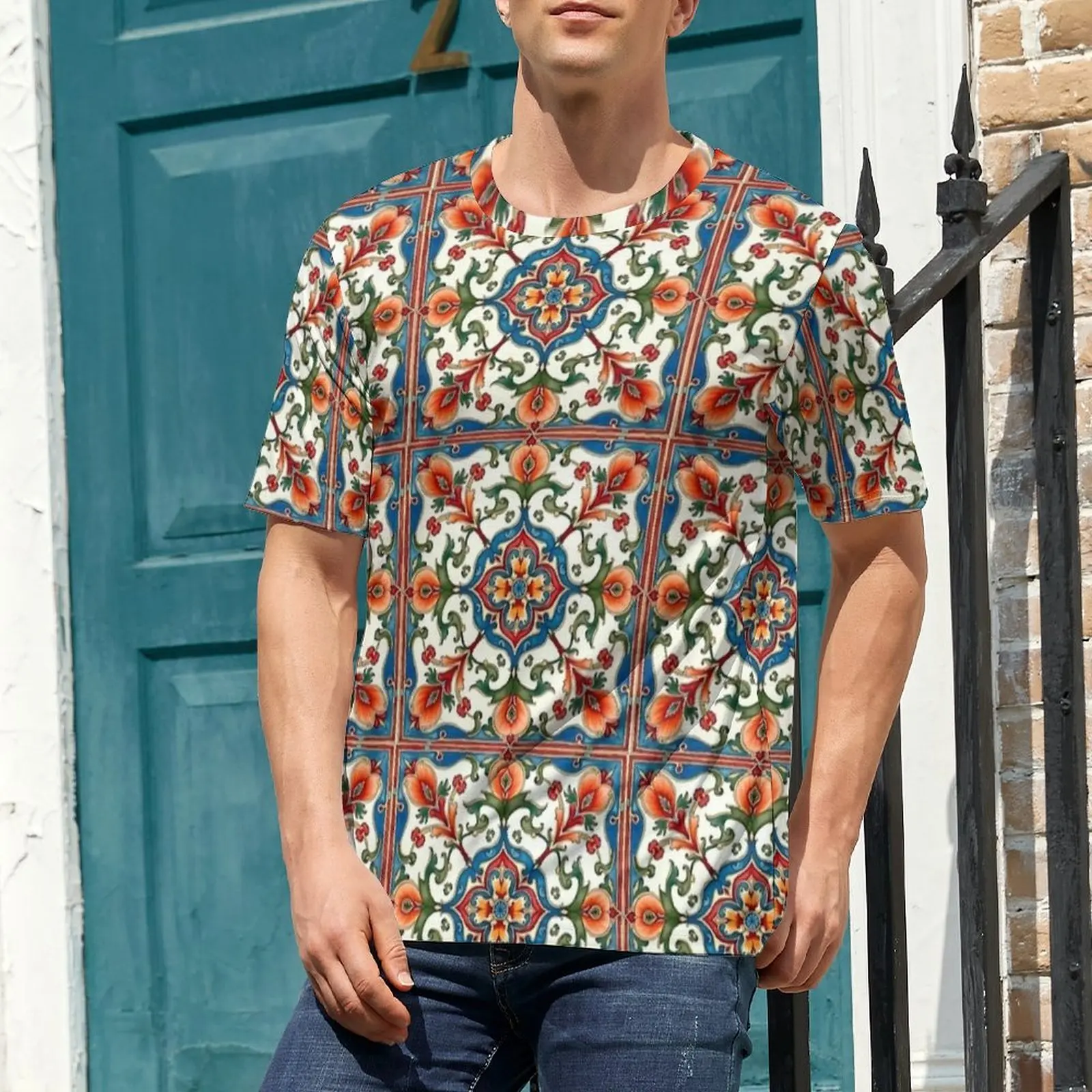 Big Size T-Shirt Summer Rust Floral Majolica Retro Print T-Shirts  Awesome O Neck Tee Shirt Male Fashion Printed Tees