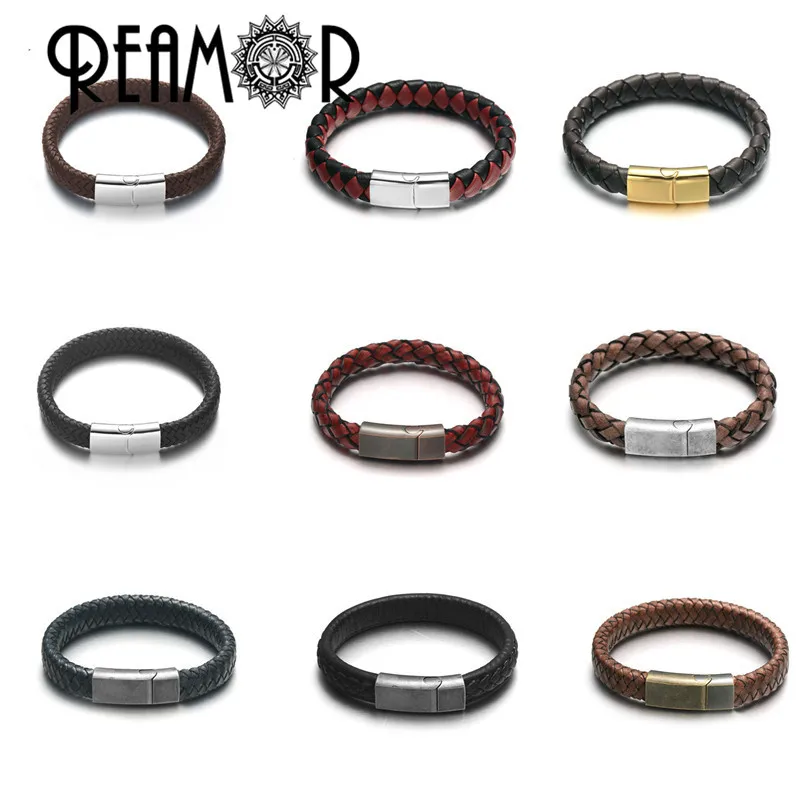 REAMOR 100% Genuine Leather/PU Braided Bracelet with Stainless steel Magnetic Clasp Bracelets Bangle for Men Jewelry Gifts
