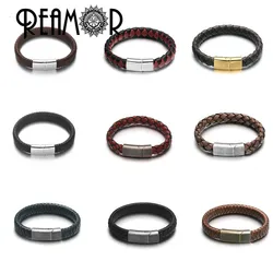 REAMOR 100% Genuine Leather/PU Braided Bracelet with Stainless steel Magnetic Clasp Bracelets Bangle for Men Jewelry Gifts