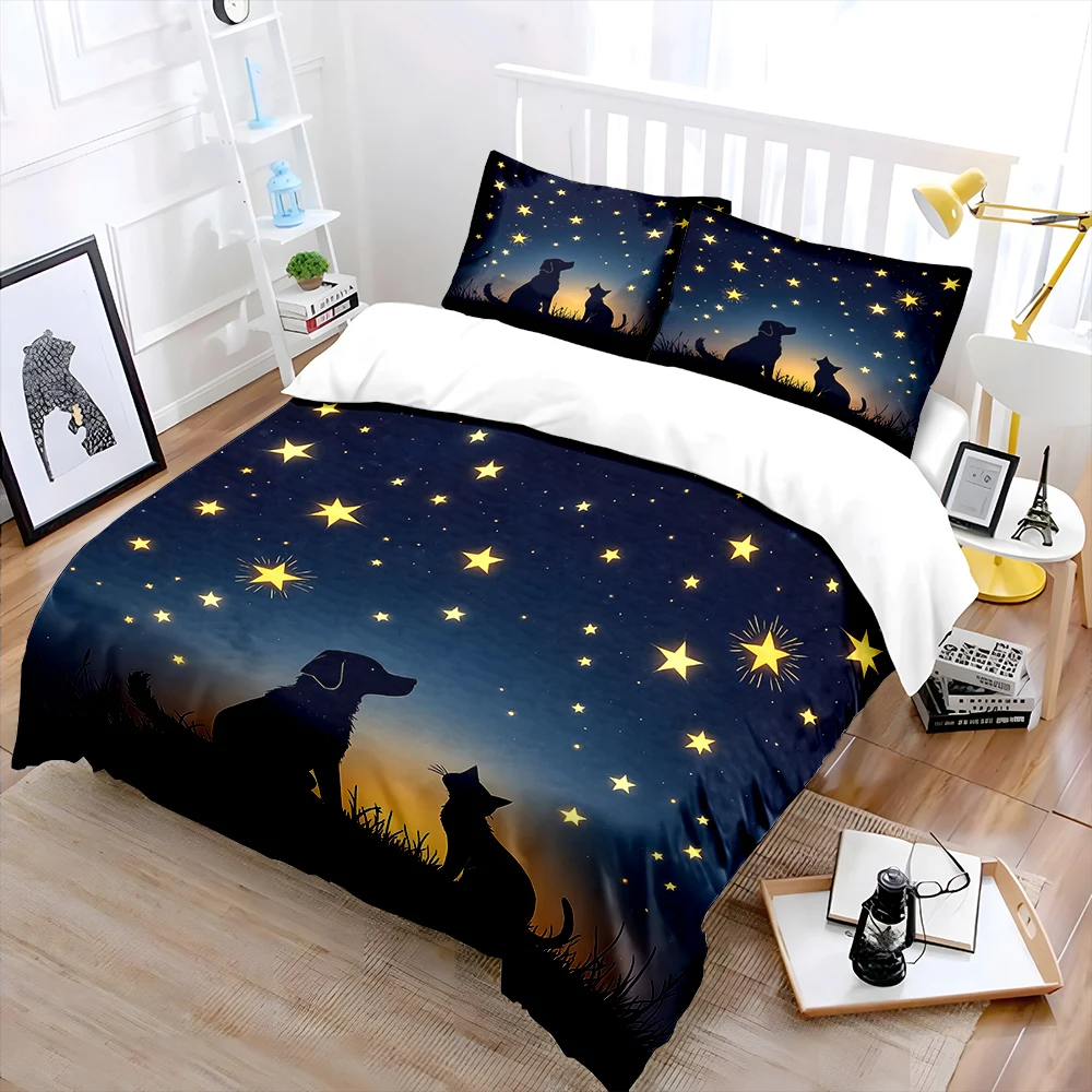 

Dog and Cat Under Starry Sky Print Bedding Set 1 Duvet Cover 2 Pillowcases for Adult and Children Luxury Gift Full Size