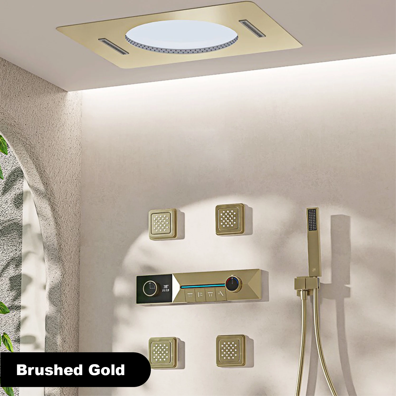 Gunmetal Grey plafondgemonteerd 4-functie watervaldouchesysteem met ingebed messing thermostatisch LED-displaylichaam voor badkamer
