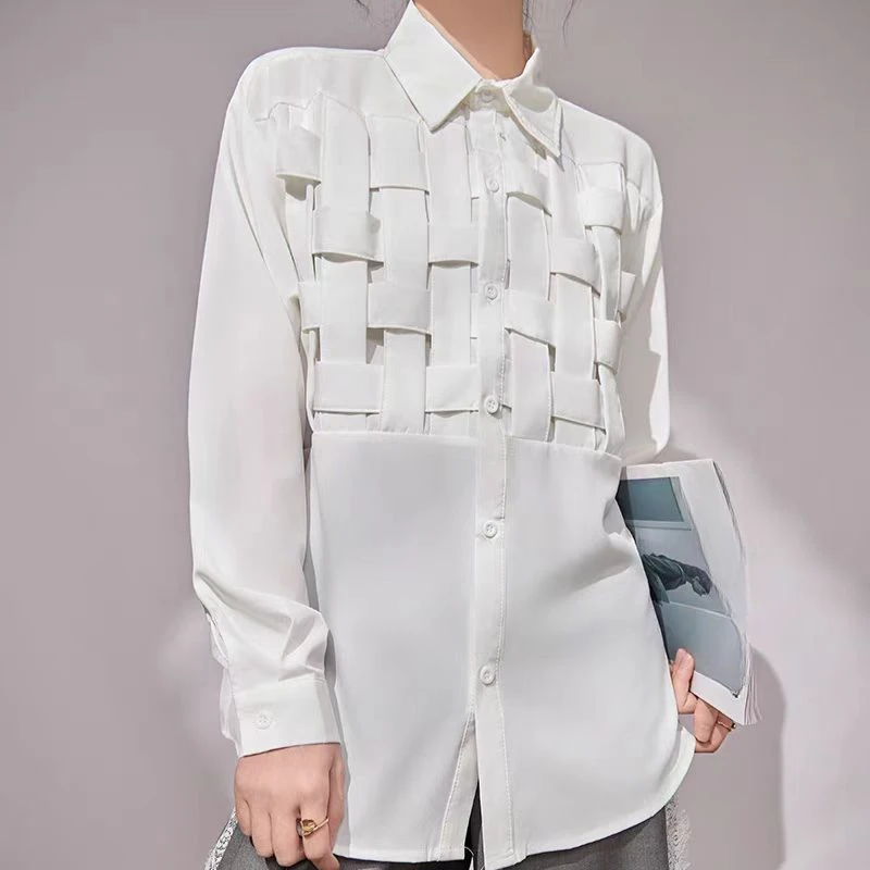 

DAYIFUN Women Long Sleeve Lapel Shirt Solid Hollow Out Loose Waist Fashion Patchwork Blouse Female Chic Casual Poly Blusas 2025