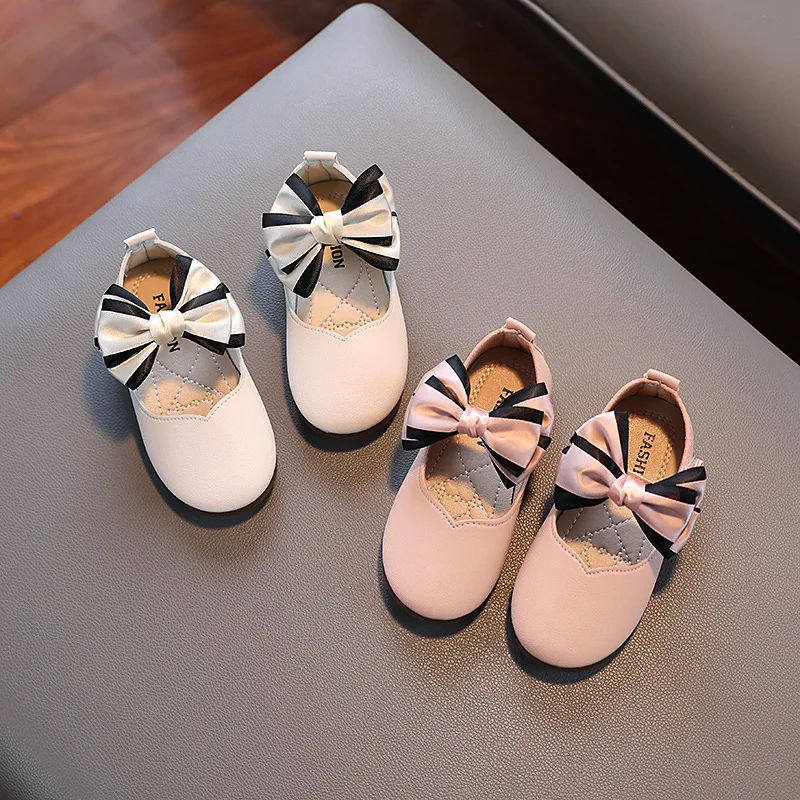 

New Leather Shoe Fashion Versatile Comfort Girl Shoes Non Slip Casual Soft Sole Princess Shoe Bows Simple Exquisite Kids Shoes