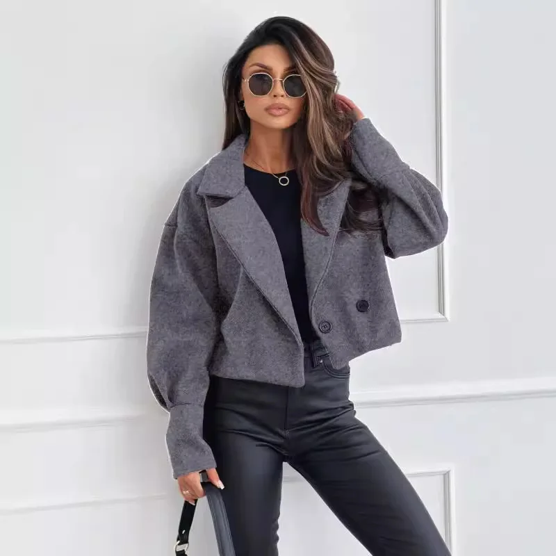 Women Lapel Double Button Cropped Coat Loose Lantern Long Sleeve Solid Casual Short Jacket Street Daily Commuter Outerwear