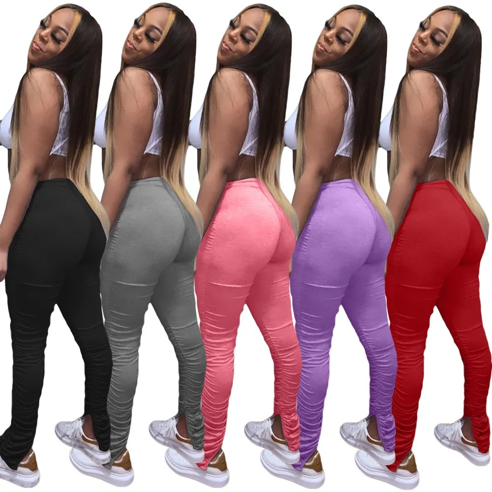 2024 Sexy Solid Color Skinny Stacked Pants Women High Waisted Elasticity Slit Trousers Casual Female Sporty Bottoms