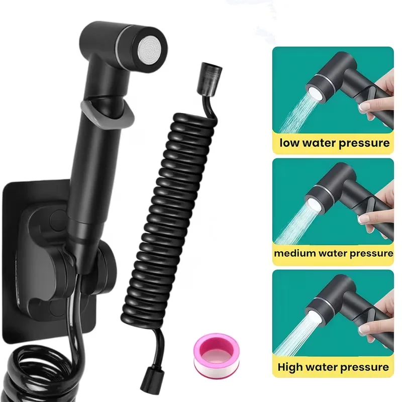 Adjustable High Pressure Bidet Sprayer Set for Toilet with Retractable Spring Hose And Self-Adhesive Bracket ABS Bathroom Spray