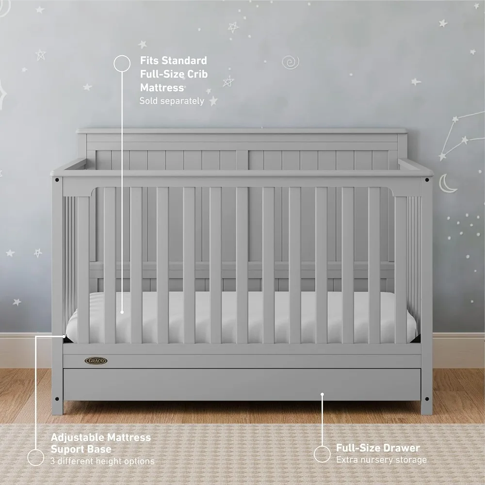 Graco Hadley 5-in-1 Convertible Crib with Drawer (Pebble Gray) – GREENGUARD Gold Certified, Crib with Drawer Combo