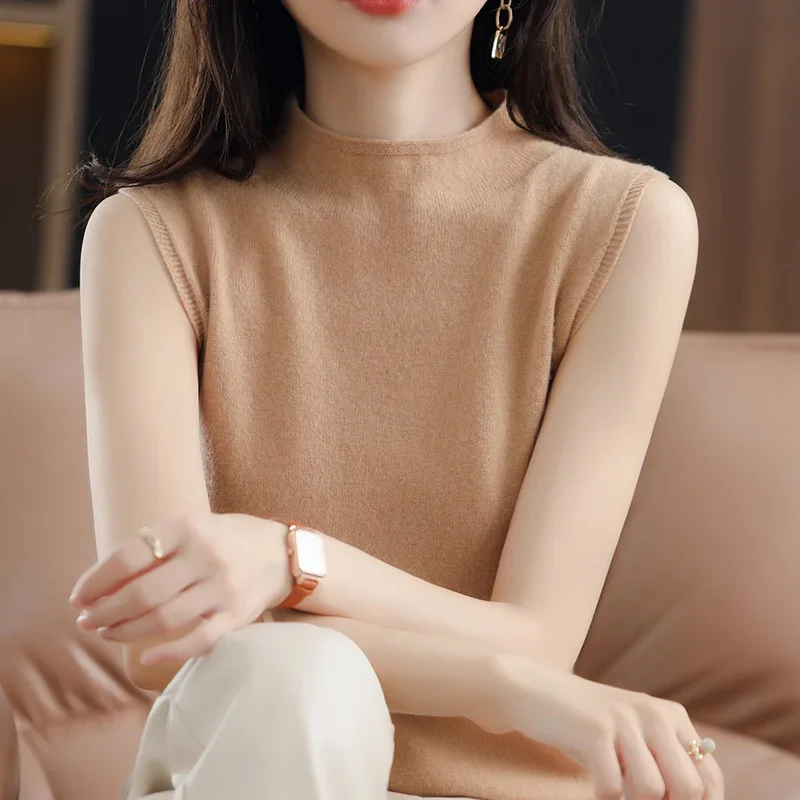 Half-turtleneck Sleeveless Vest Women\'s Cashmere Sweater Knitted Wool Vest Sleeveless Women Vest Bottom Knit Shirt