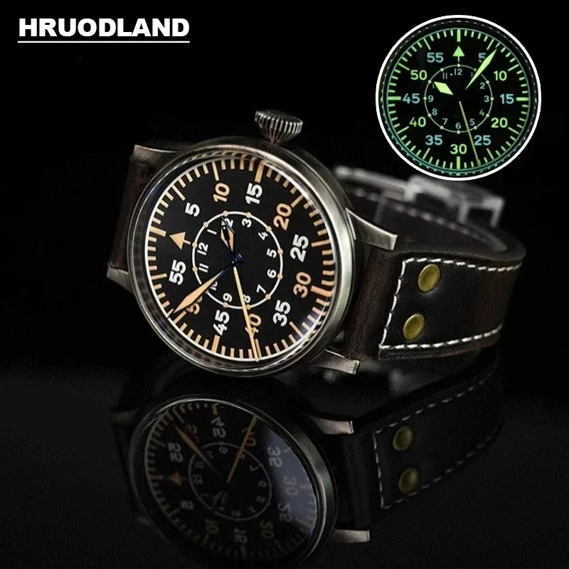 Hruodland Retro Pilot Watch 42mm PT5000/SW200 Stainless Steel Mechanical Watch Sapphire Lumminous 10ATM Men Classic Wristwatch