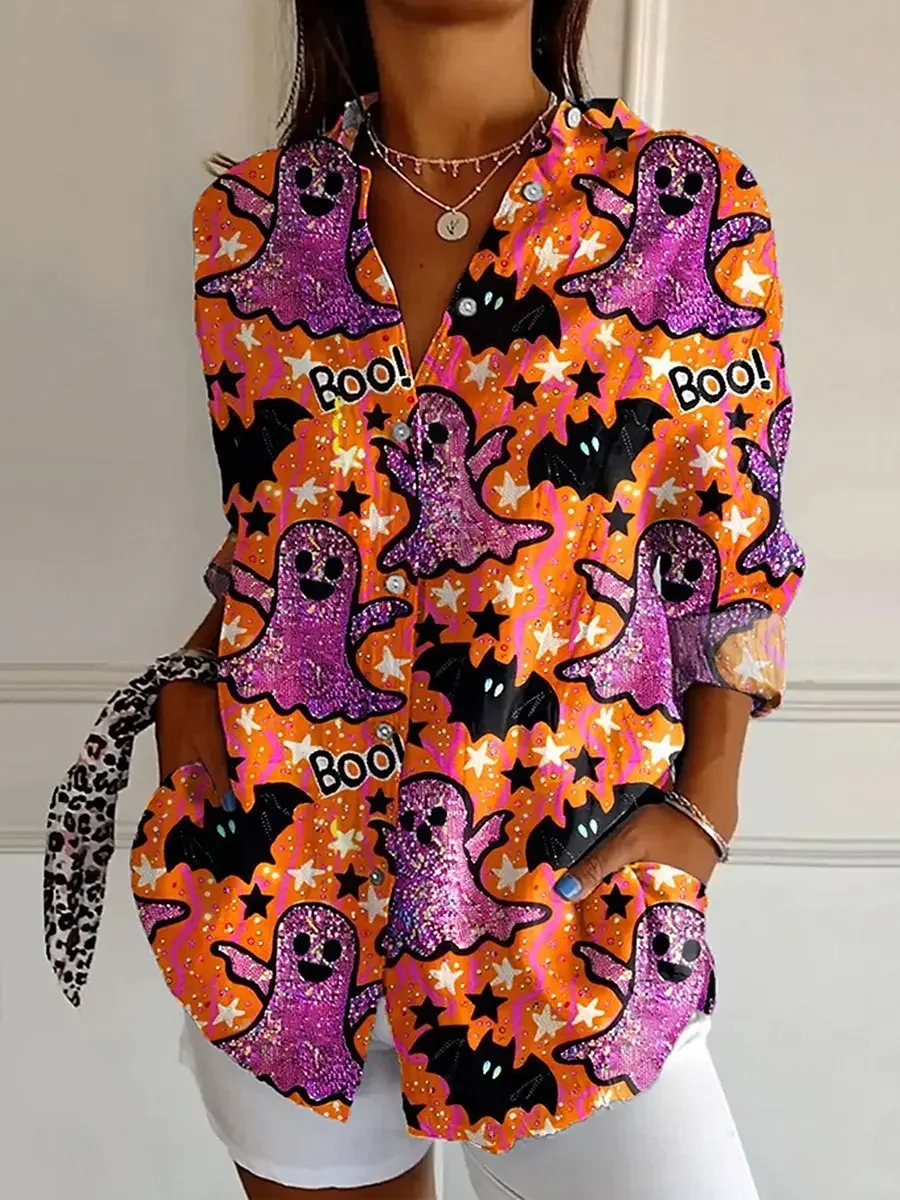 

2025 Halloween Theme Women's Shirt Graphic Vintage Casual Long Sleeve Autumn Shirt Collar Regular Tops Work Daily Buttons Tops