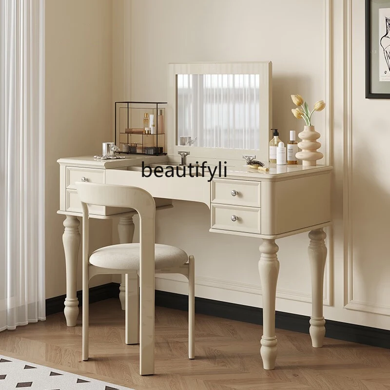 Cream Style French Retro Dressing Table Solid Wood Flip Surface with Mirror Birch Makeup Table and Chair