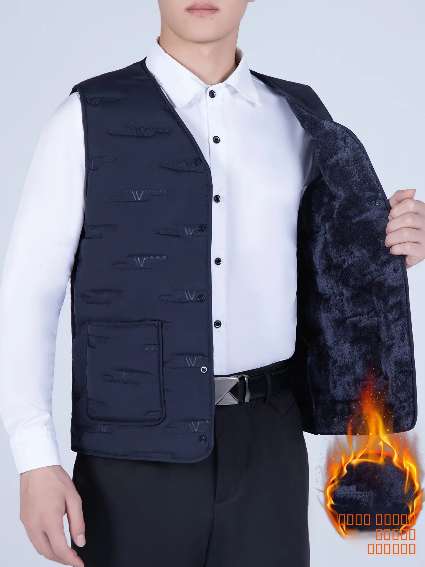 

Men's Winter Fce Lined Thiened V-Ne Vest Dad Sle Warm Inner Wear Stand Fit Busin Casual Pure Color Busin Le...