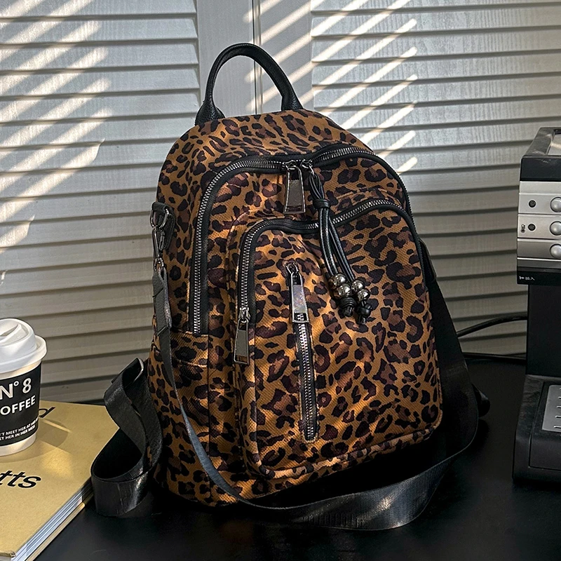 Casual Large Capacity Leopard Print Backpacks Canvas High Quality 2025 Simple Interior Zipper Pocket Youth School Bags