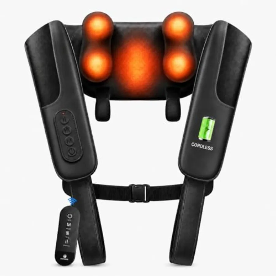 

Cordless neck massager for home office use, premium PU leather in black, deep kneading Shiatsu with heat for pain relief and mu