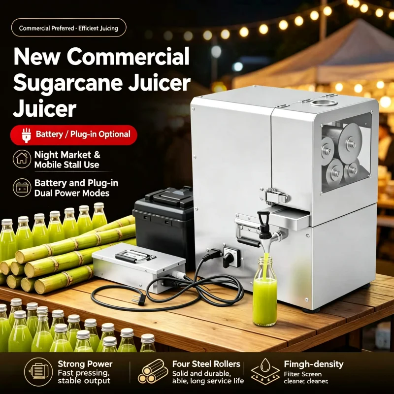4 Rollers Portable Sugarcane Juicer Machine Dual Power Battery & Plug‑in Electric Squeezer for Small Startup Business