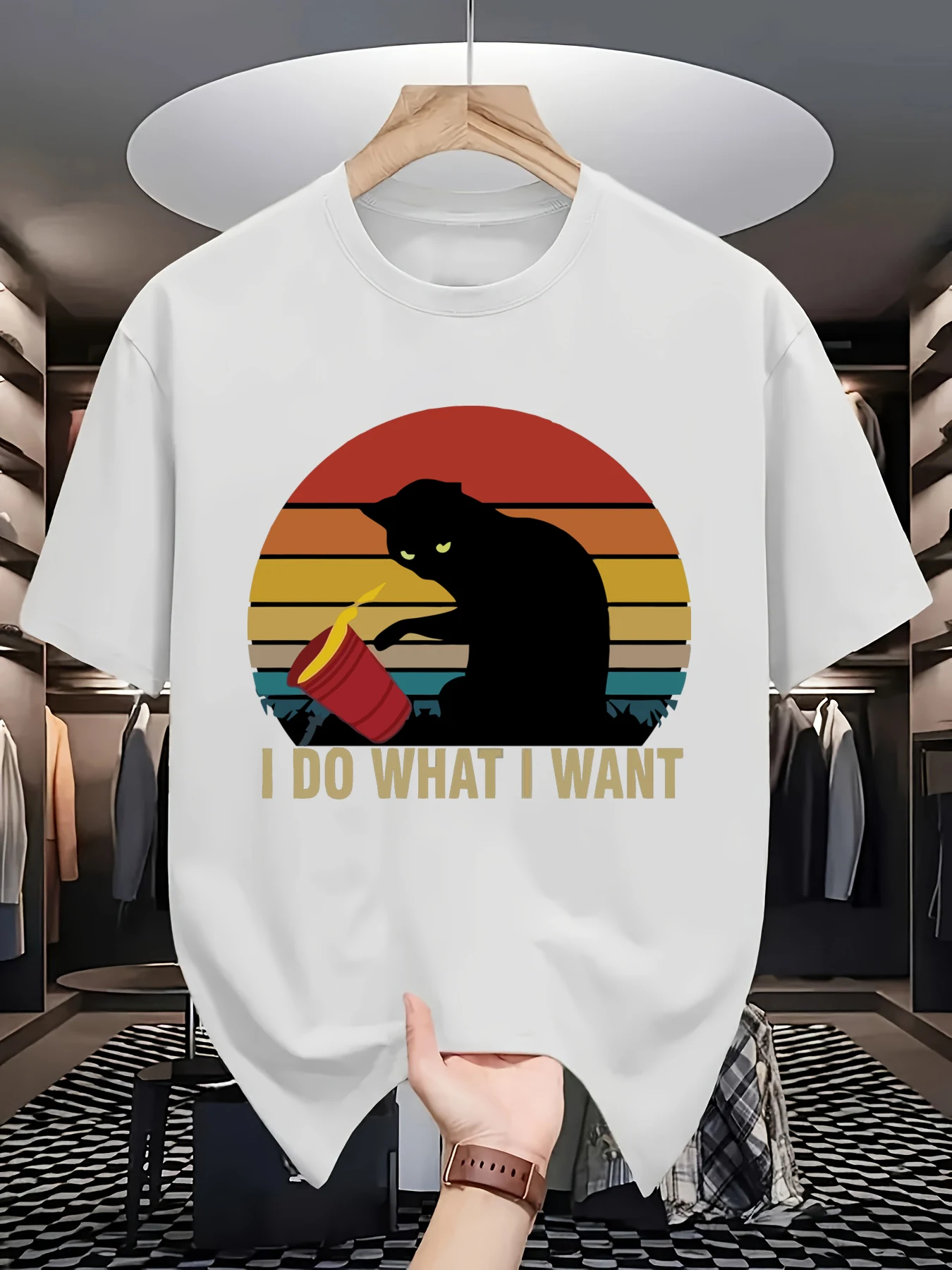 Cat Do What It Want Printed Mens Hip Hop All-Match T-Shirt Fashion Cotton Summer Breathable Clothes Casual Loose Streetwear