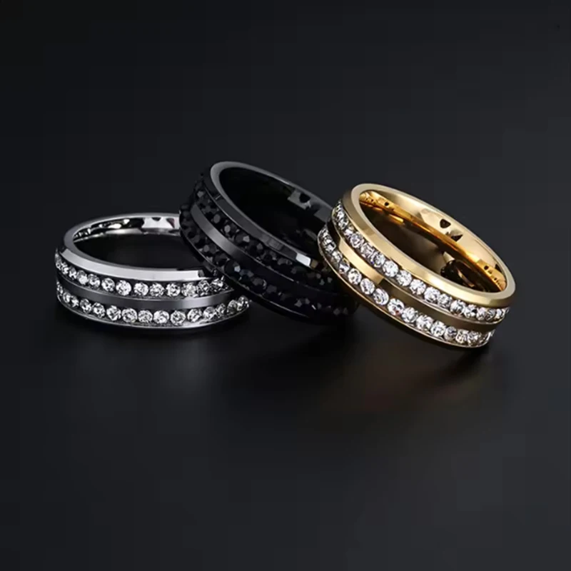 Luxury Double Rowed Square Zircon Stainless Steel Ring Women Men Romantic Engagement Wedding Party Jewelry Women Gift Wholesale