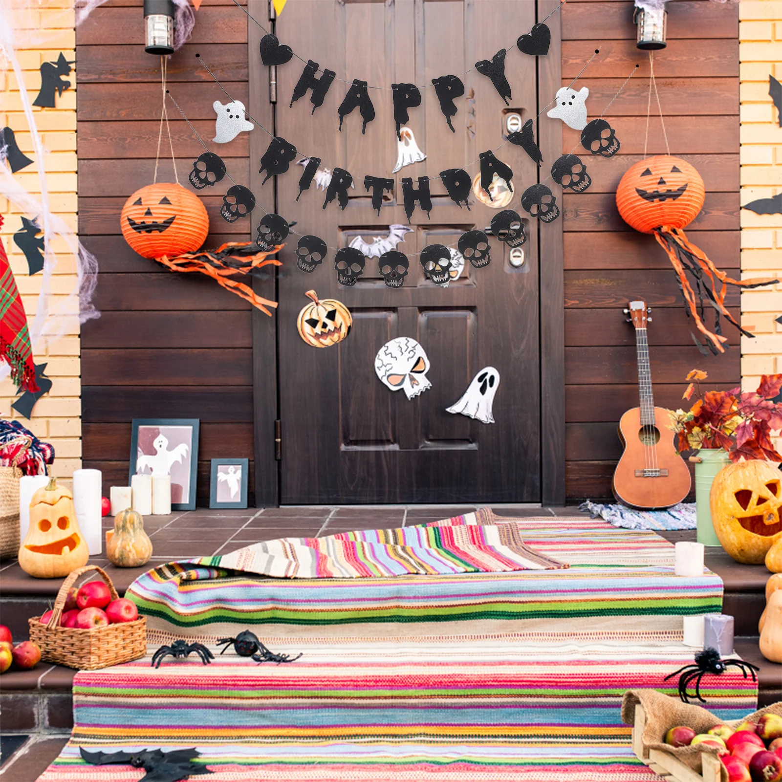 

1 set Halloween Party Banner Ghost Skull Design Spooky Pennant Flags For Birthday Photo Backdrop Wall Decor Outdoor Indoor Black