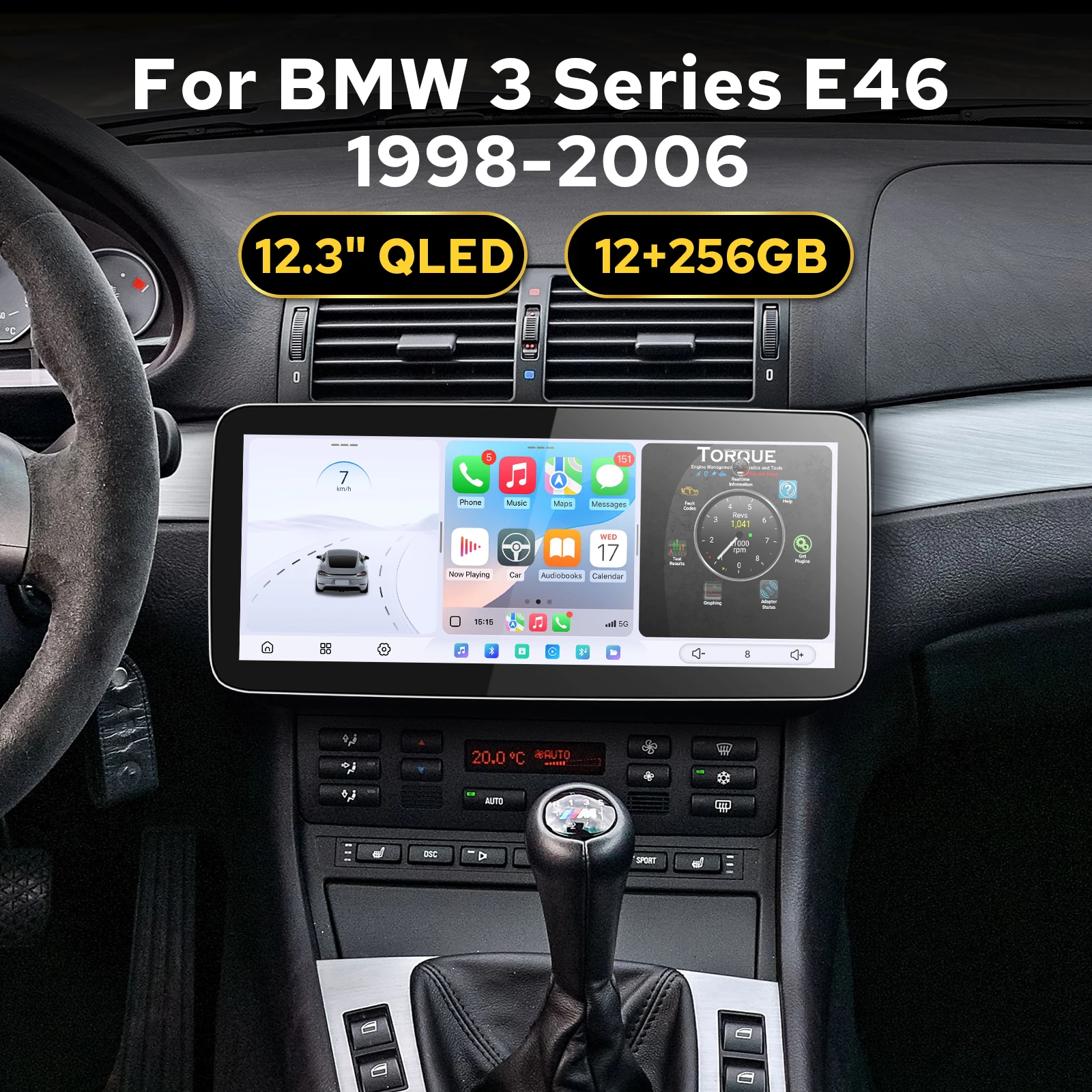 

12.3 Inch Car Stereo for BMW 3 Series E46 1998-2006 12GB+256GB 1920*720 Resolution GPS Navigation CarPlay Dual Bluetooth
