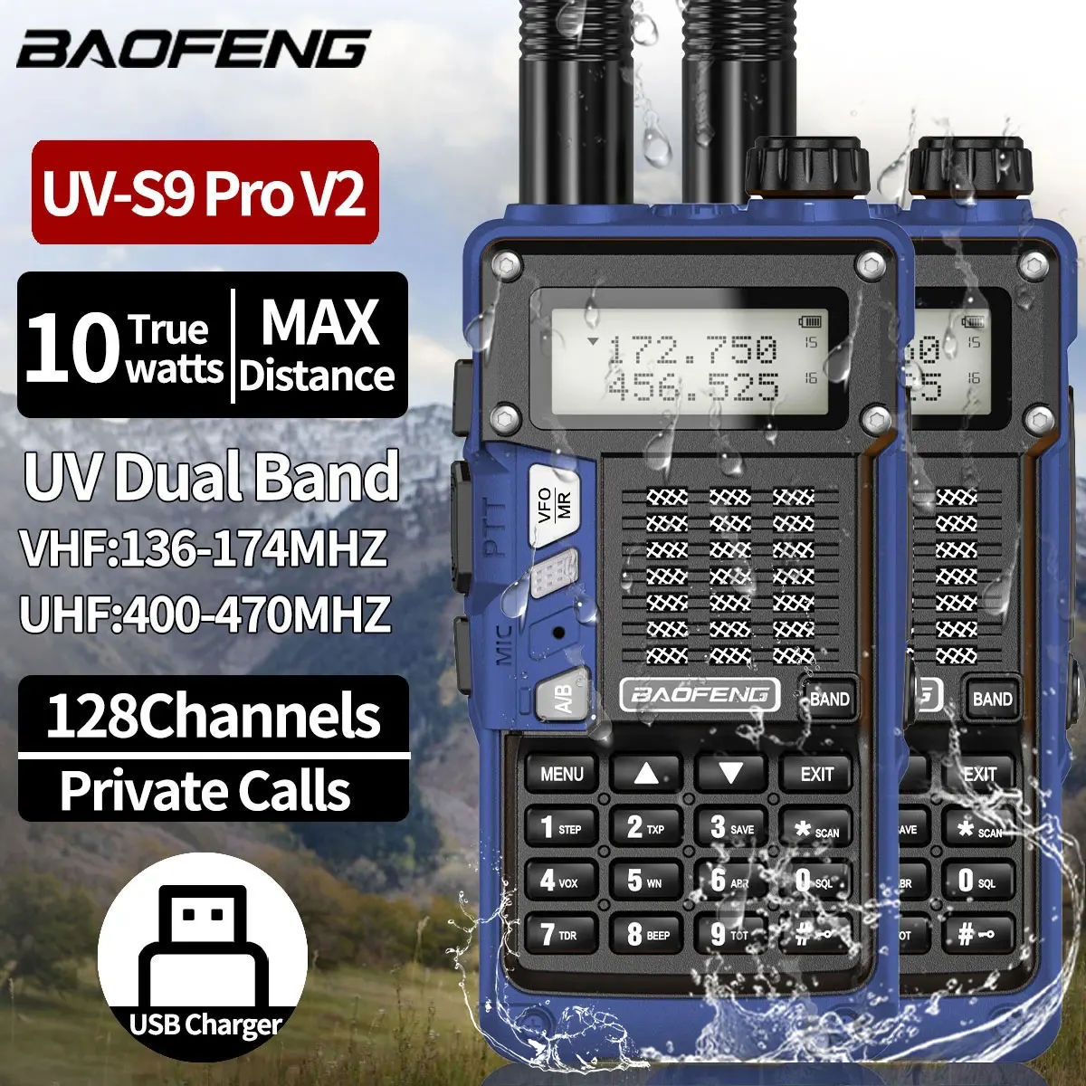 

2Pcs BaoFeng UV-S9 Pro V2 High Power Dual Band Ham Waterproof Walkie Talkie Radio 16KM Long Range Upgrade Of UV5R Two Way Radio