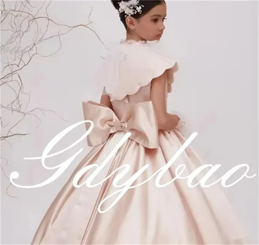 Customized Flower Girl Dress for Wedding Bow High Waist  Sleeveless Floor Length Elegant Kids Birthday First Communion Gown