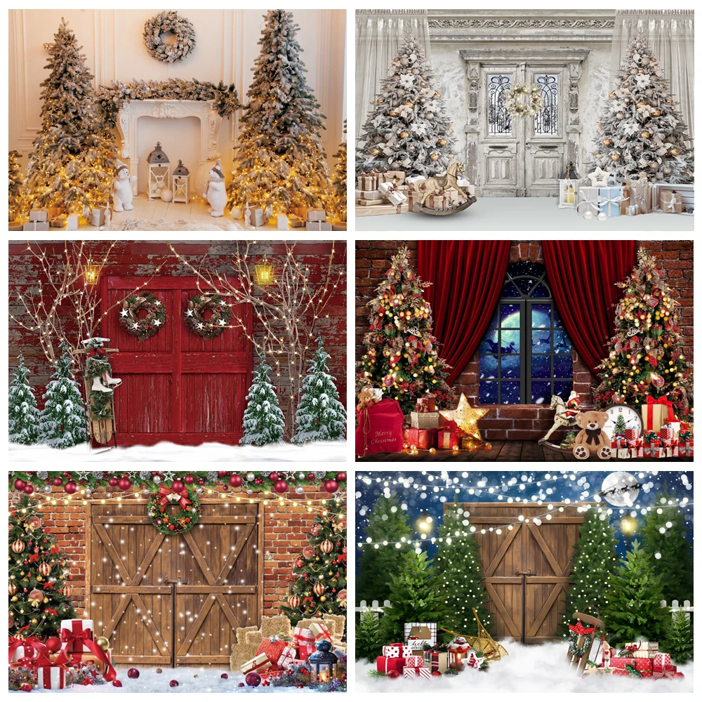 

Merry Christmas Photography Backdrop Fireplace Xmas Tree Window Gifts Baby Photo Background Studio Festival Party Decor Banner