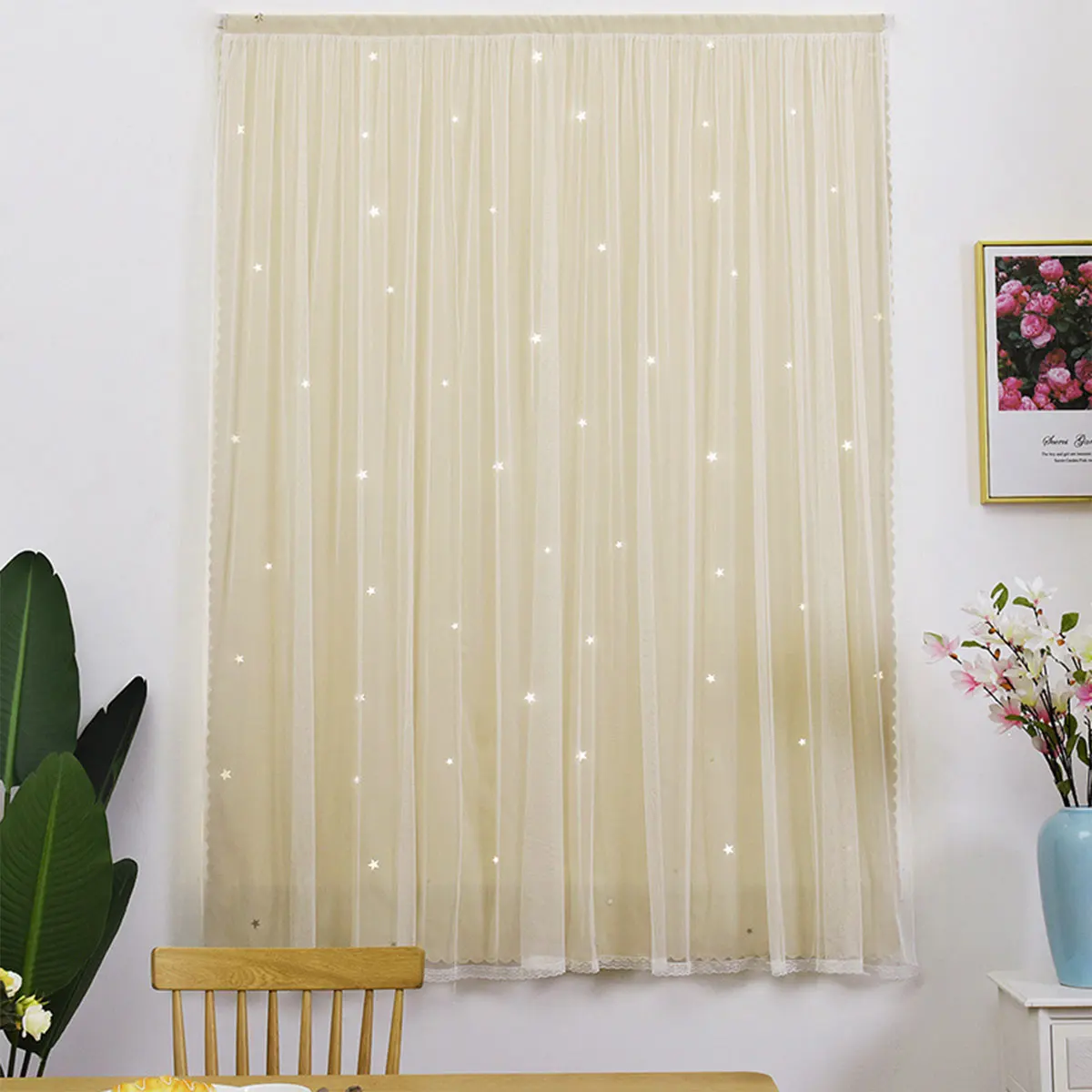 Beige Double Layer Magic Tape Curtain 1 Panel Hollow Star Cutout Tulle Sheer Curtain Princess Curtain For Girls Bedroom